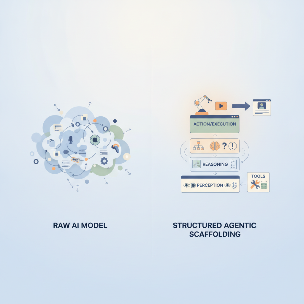 Diagram showcasing the difference between raw AI models and structured agentic scaffolding