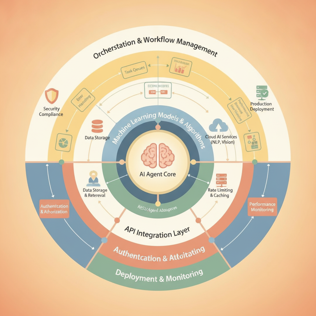 Illustration of complex API integration layers required for production-ready AI agents