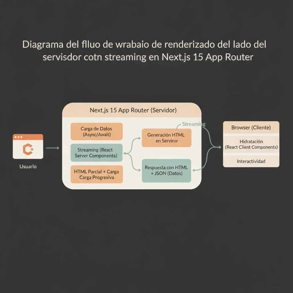 Diagrama del flujo de trabajo de renderizado del lado del servidor con streaming en Next.js 15 App Router