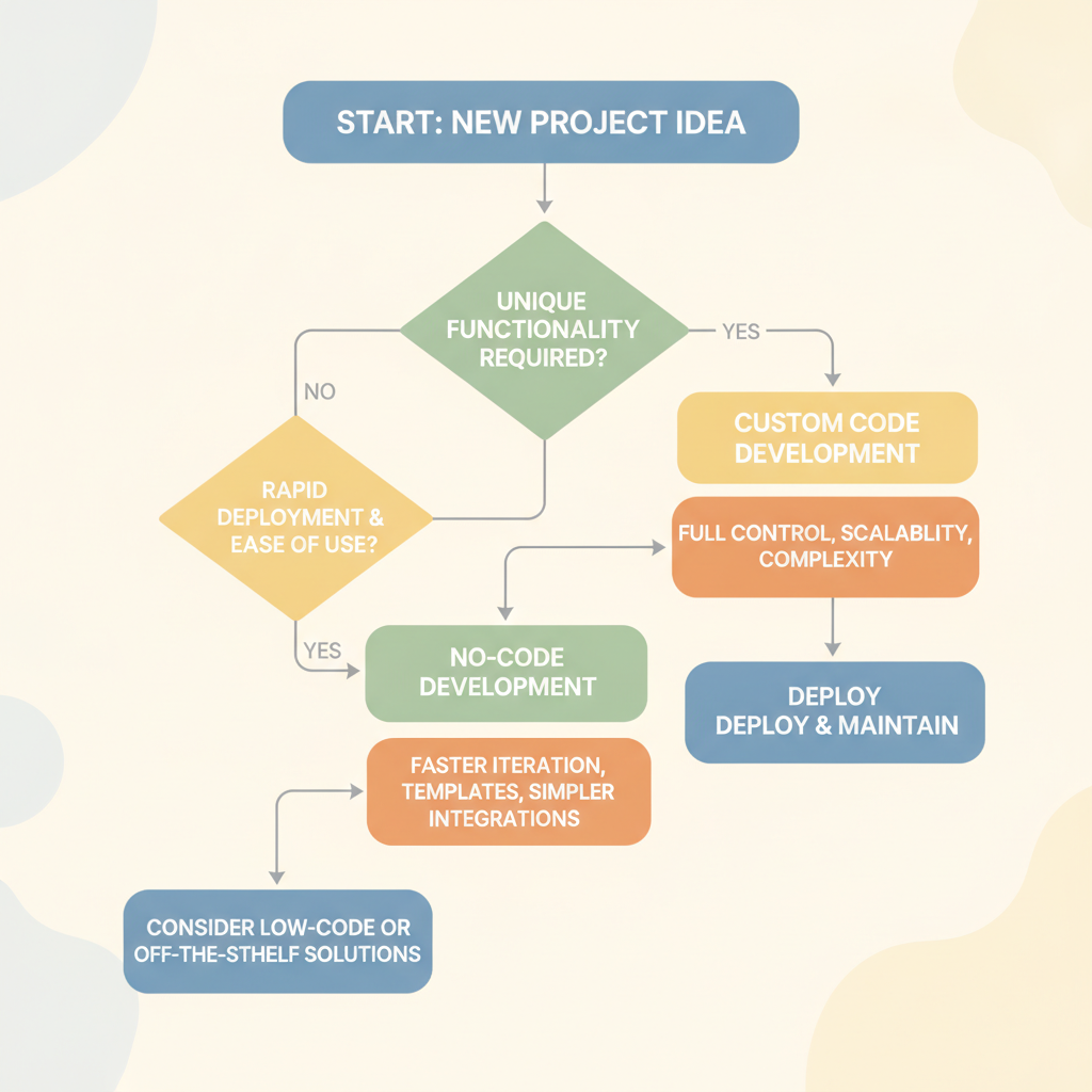 Flowchart illustrating the decision matrix for choosing between custom code and no-code development