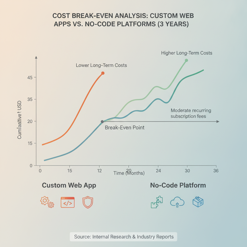 Comparison diagram showing the cost break-even analysis of custom web apps versus no-code platforms over three years