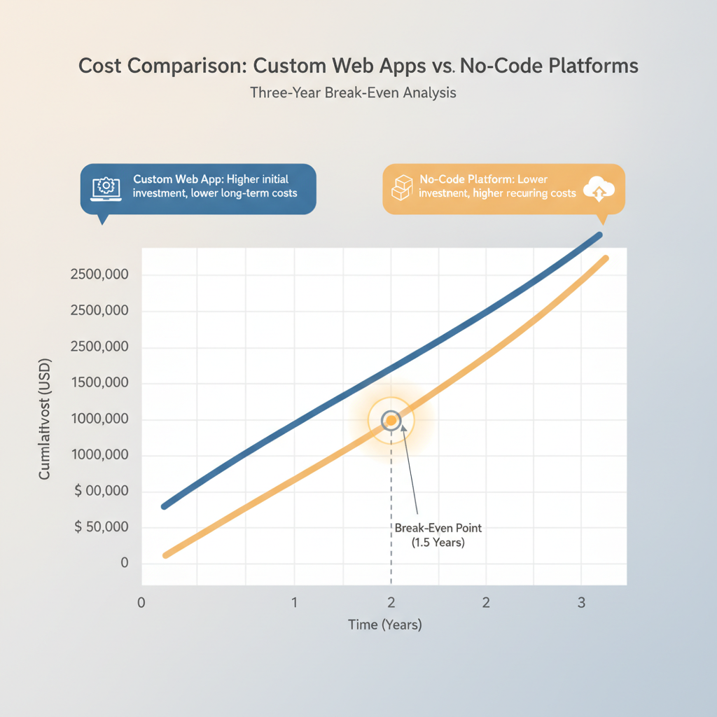 Comparison diagram showing the cost break-even analysis of custom web apps versus no-code platforms over three years