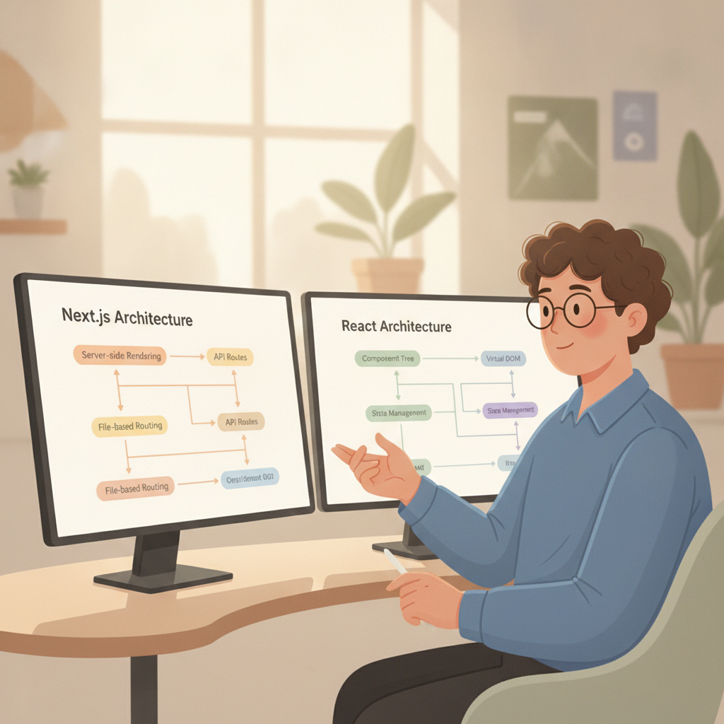 Software developer comparing Next.js and React architecture diagrams