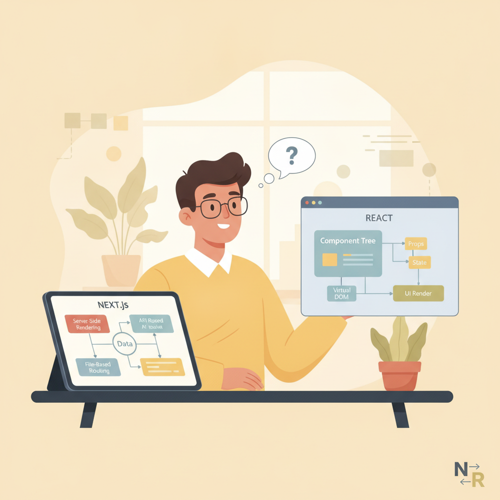 Software developer comparing Next.js and React architecture diagrams