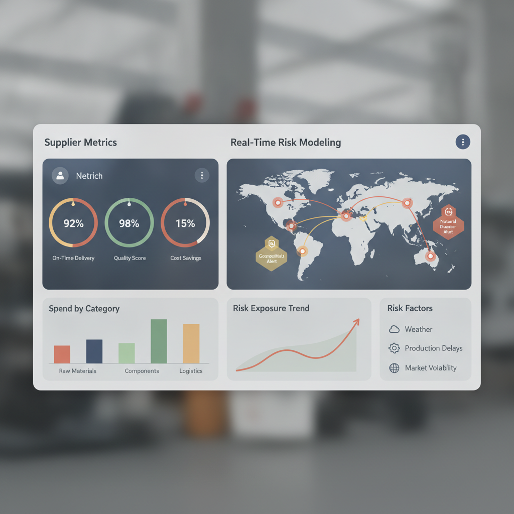 Modern custom industrial sourcing software dashboard showing supplier metrics and real-time risk modeling