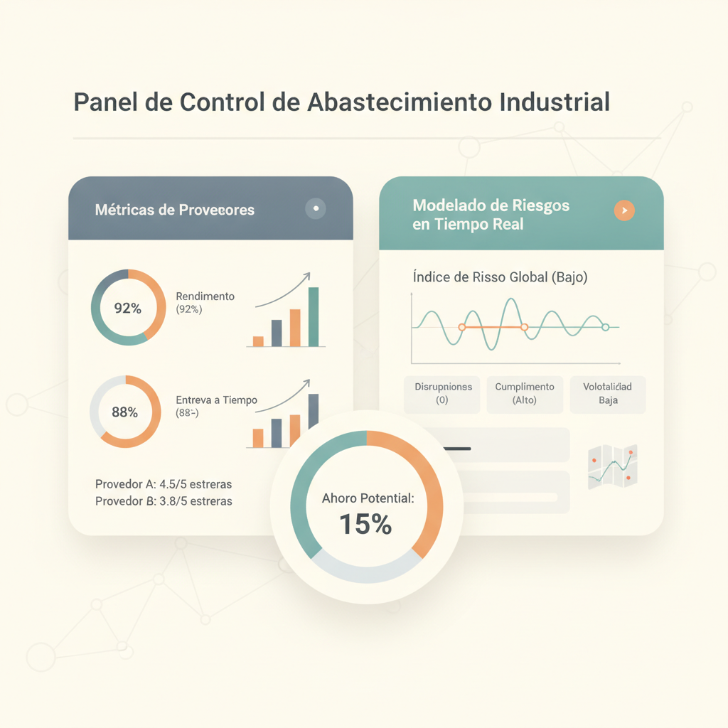 Panel de control de un software de abastecimiento industrial personalizado y moderno que muestra métricas de proveedores y modelado de riesgos en tiempo real