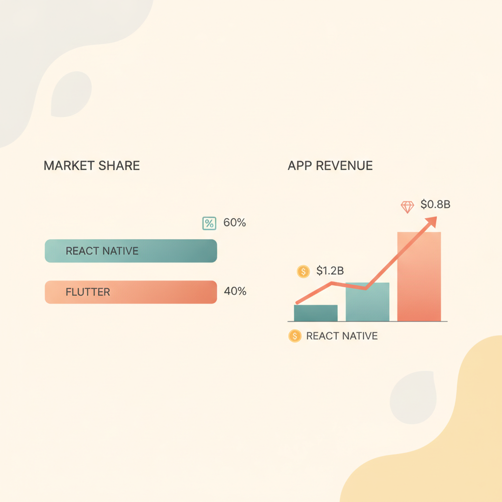 Comparison chart of React Native and Flutter market share and app revenue