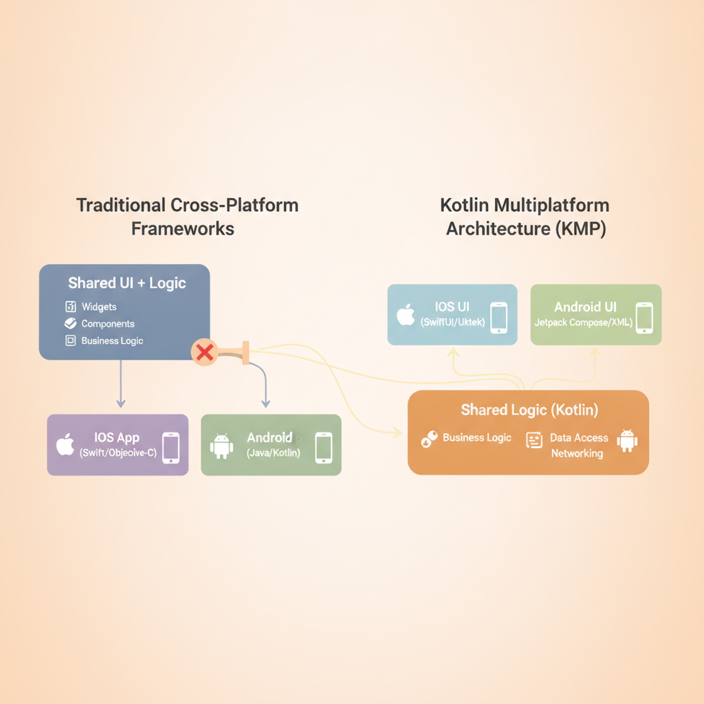 Diagram comparing cross-platform frameworks with Kotlin Multiplatform architecture