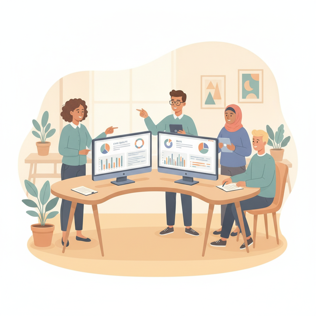Software developer team reviewing mobile codebase metrics on desktop displays