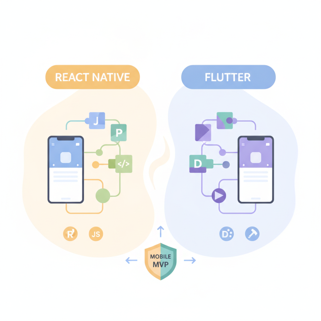 Comparison illustration of React Native and Flutter frameworks for mobile MVP development