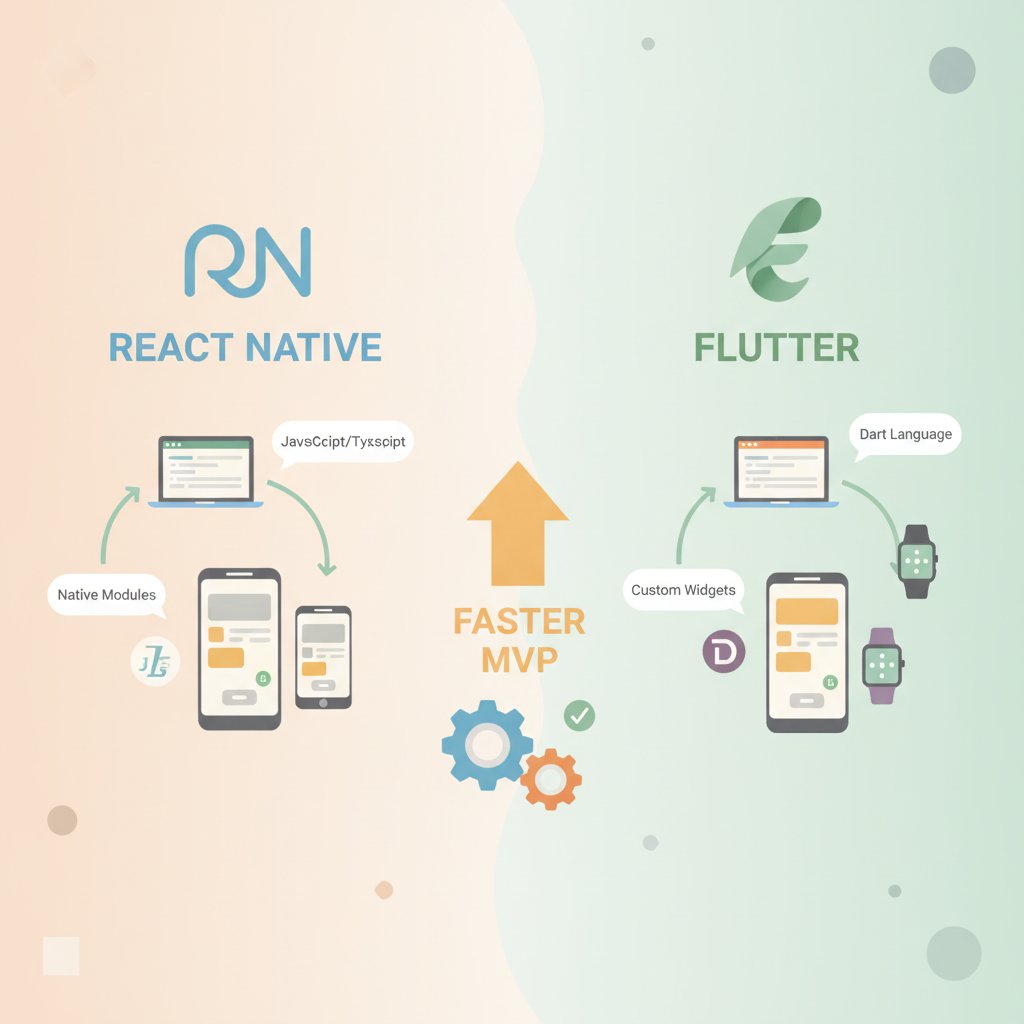 Comparison illustration of React Native and Flutter frameworks for mobile MVP development