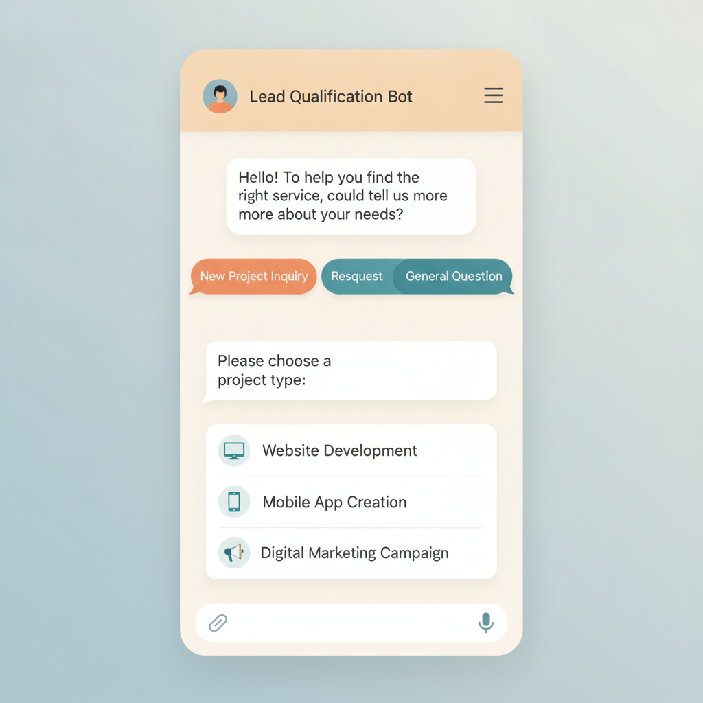 Screenshot of WhatsApp quick reply buttons and list menus for automated lead qualification