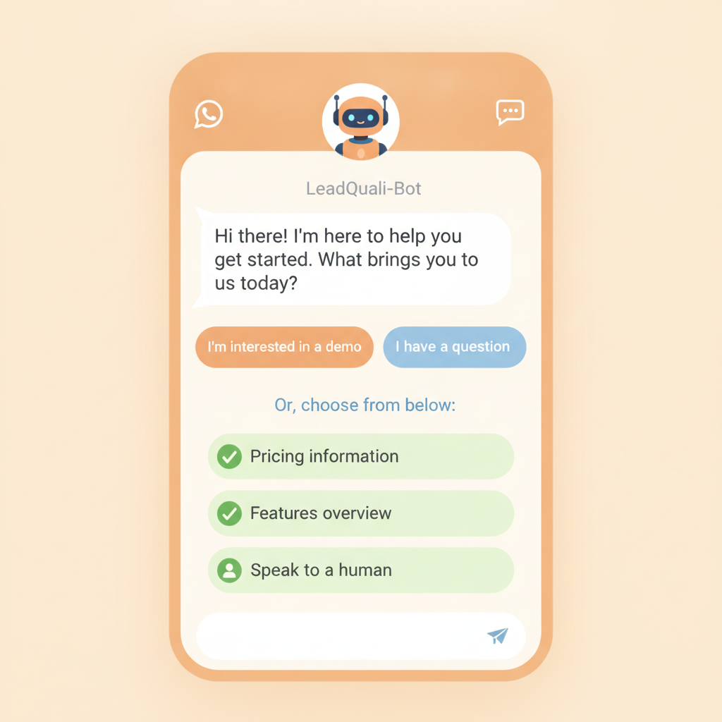 Screenshot of WhatsApp quick reply buttons and list menus for automated lead qualification