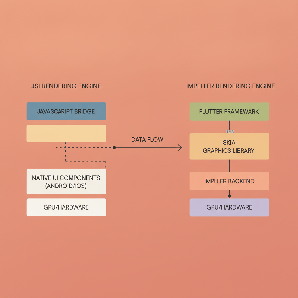 Native architecture diagram showing JSI vs Impeller rendering engines