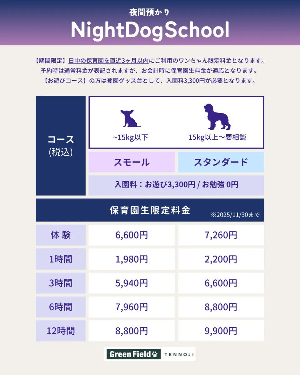 犬田様確認ページ Green Field TENNOJI | NEWS | 夜間お預かりサービス開始のお知らせ