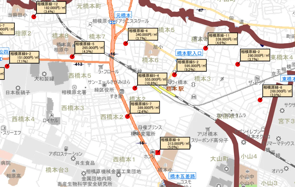 リニア新幹線「神奈川県駅」周辺の公示地価