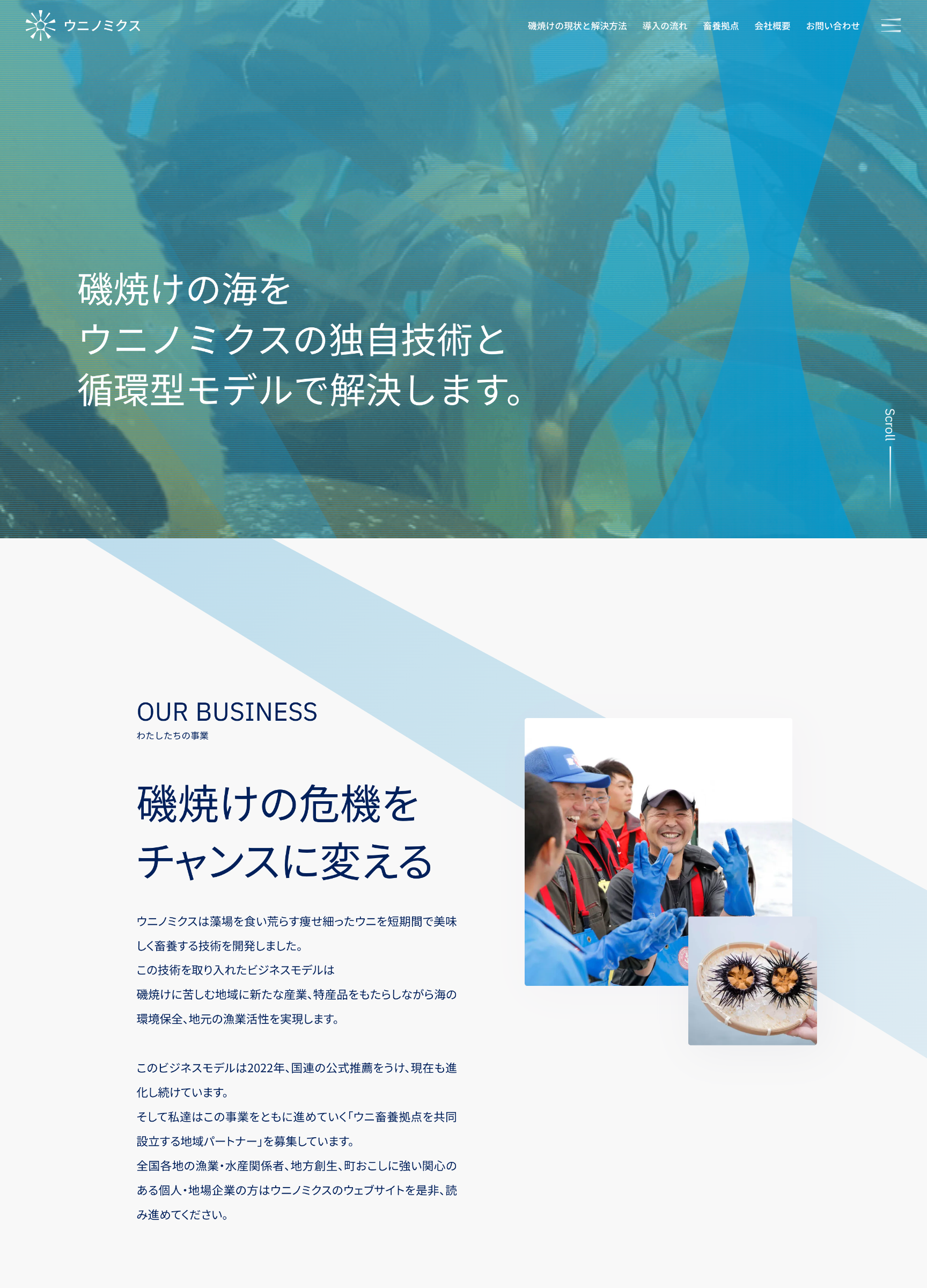 スクリーンショット:ウニノミクス|磯焼けの海を独自技術と循環型モデルで解決します