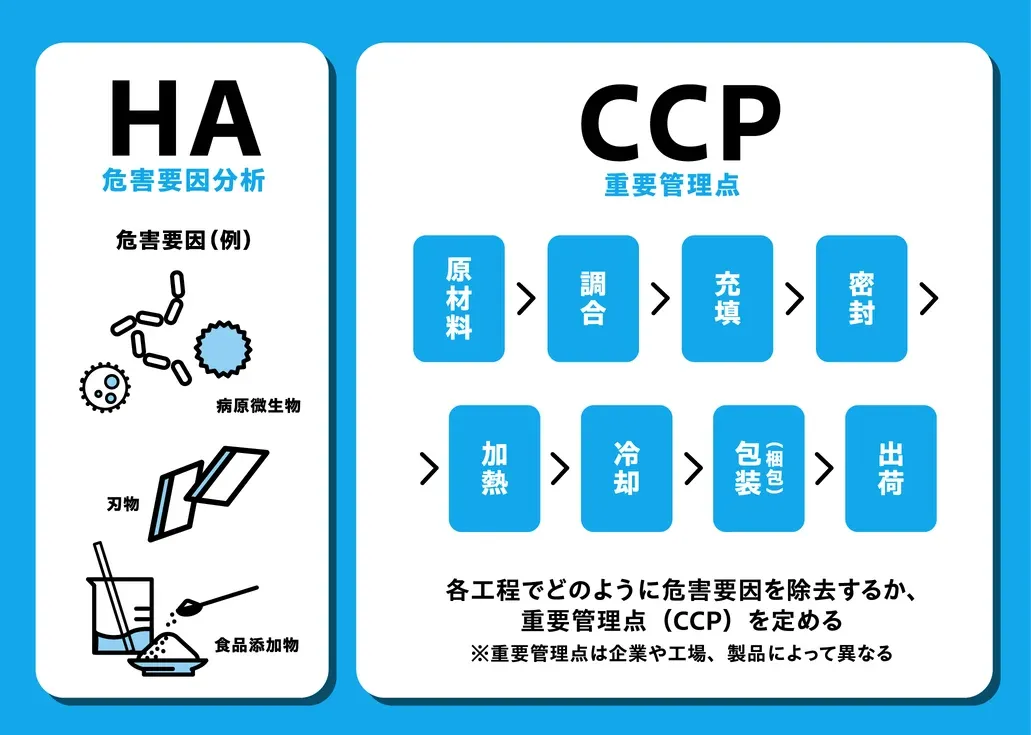 HACCPはHA（危害要因分析）とCCP（重要管理点）に分けられる