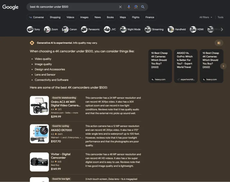 「best 4k camcorder under $500（500ドル以下の最高の4Kビデオカメラ）」という検索クエリに対するSGEの表示例