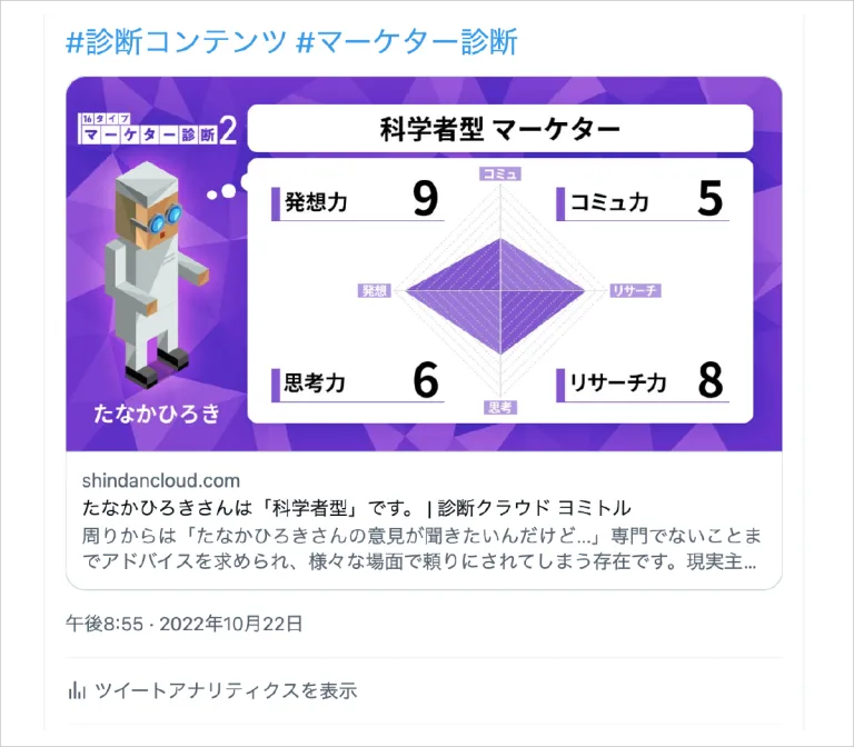 16タイプ マーケター診断 結果画面