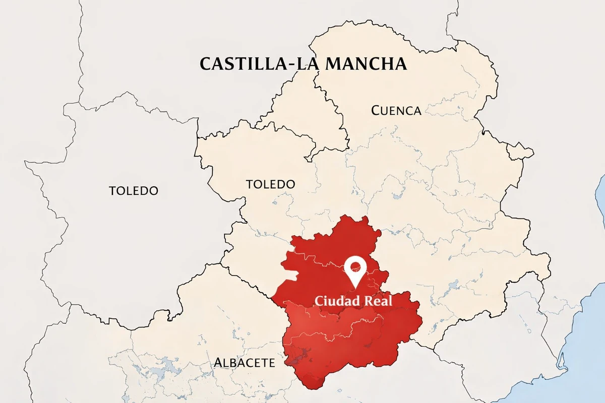 スペイン中部、カスティーリャ＝ラ・マンチャ州とシウダ・レアル県の位置を示す地図。