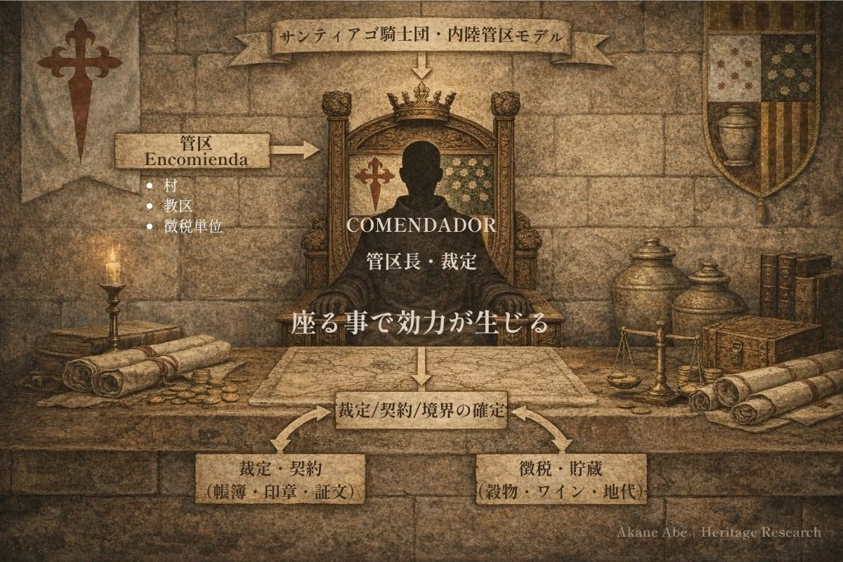 サンティアゴ騎士団の管区制度を示す模式図。王権と地方管区の階層構造。