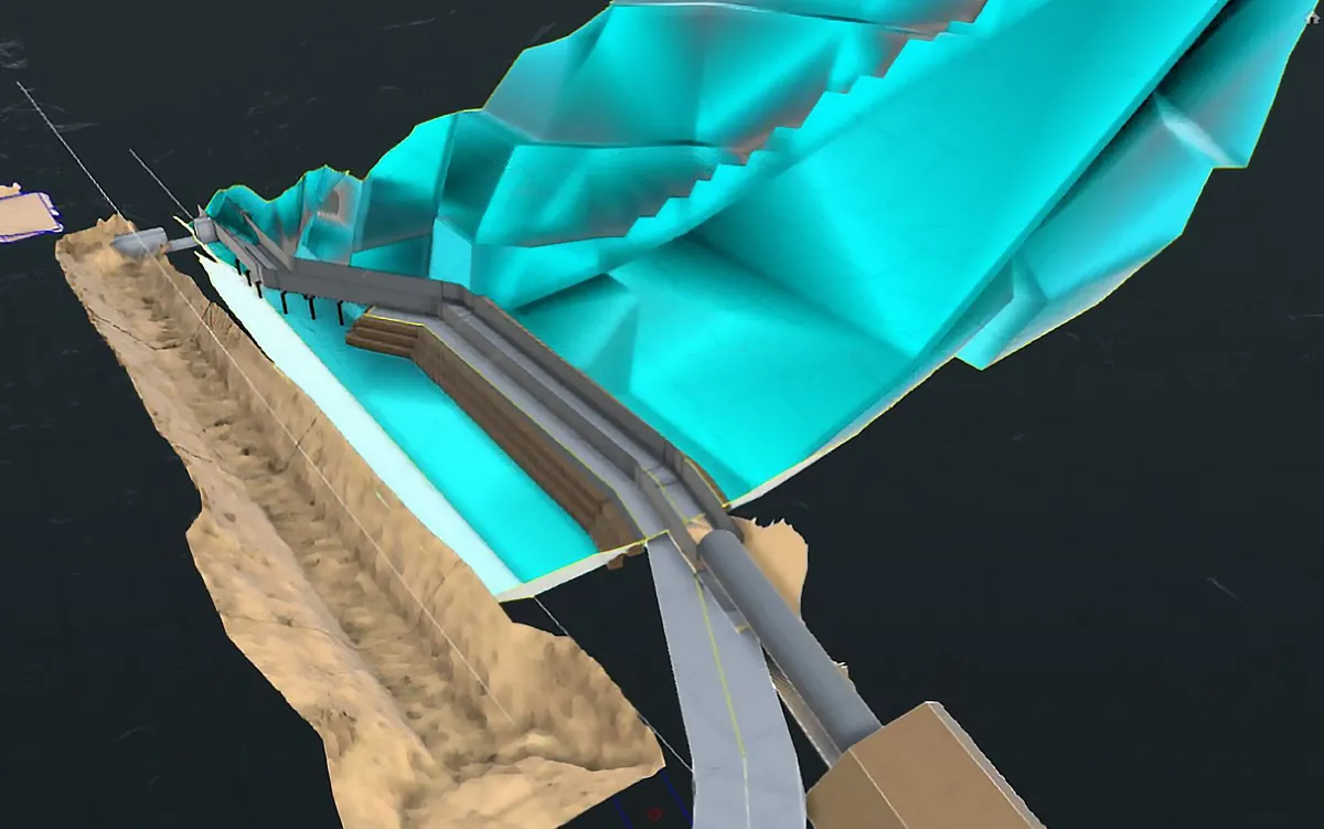 岩盤掘削形状と転流工の干渉を3Dで検討した例