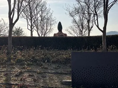 国道側から彫刻の頭部が見える