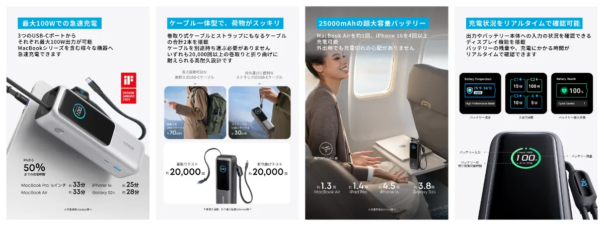 巻取り式USB-Cケーブル⼀体型のモバイルバッテリー「Anker Power