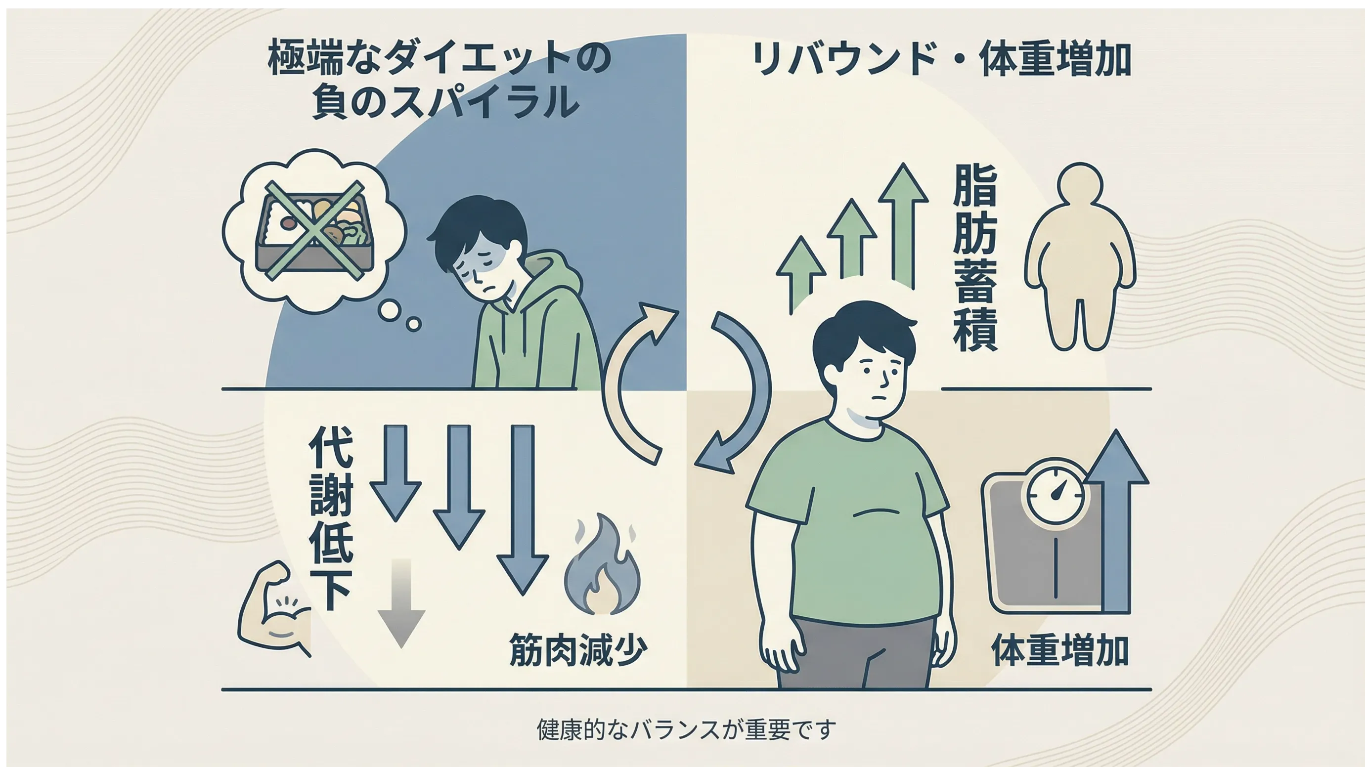 極端な食事制限は、筋肉減少→代謝低下→リバウンドという負のスパイラルを招きます