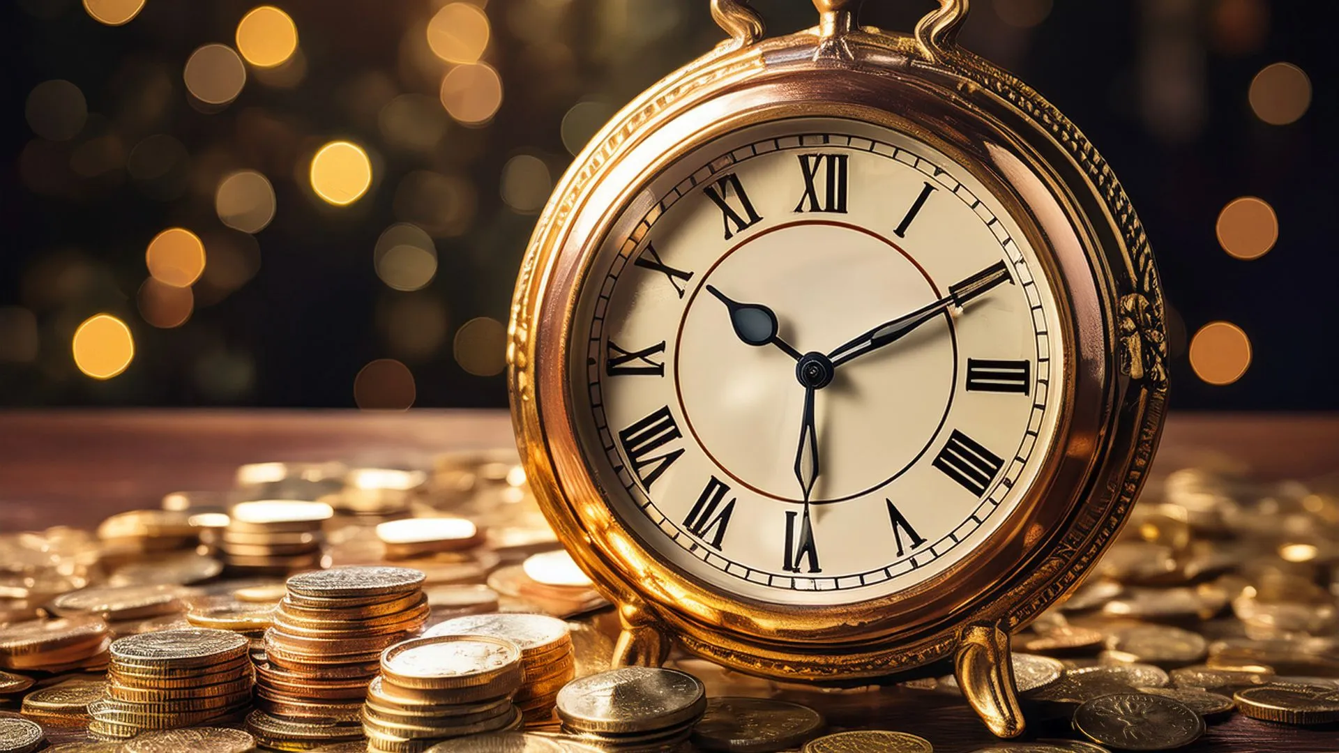 年度末の限られた時間と残余予算を象徴する、金貨と時計のイメージ