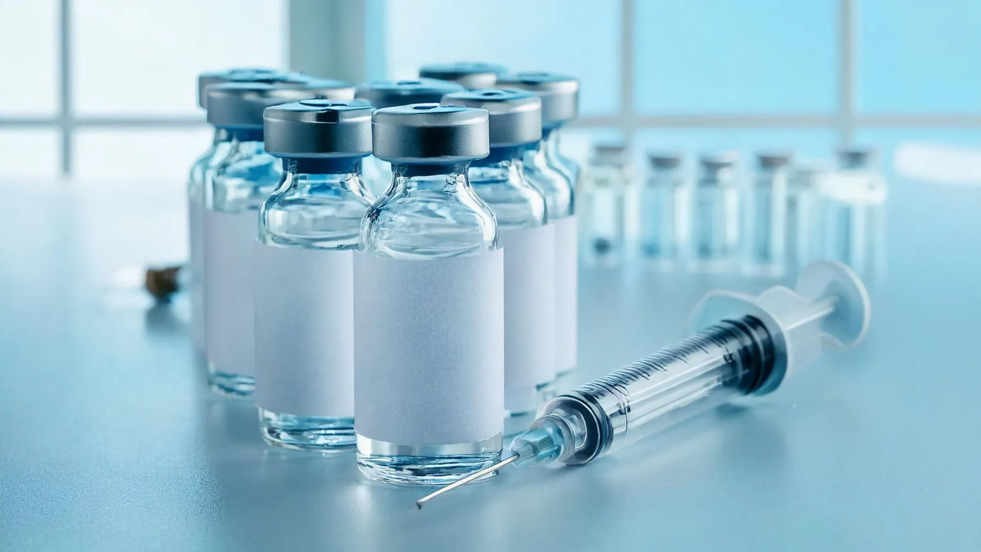 小瓶に入った薬剤と注射器、製薬業のイメージ