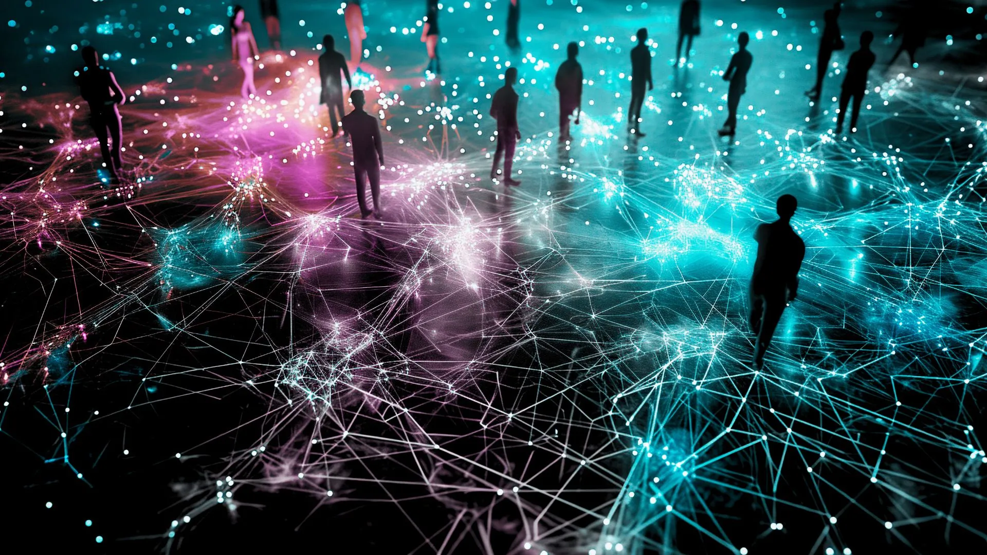 青とピンクの光が交差するデジタルネットワーク上に立つ人々。データと人のつながり、DXによる組織間連携や協働を表現したイメージ。
