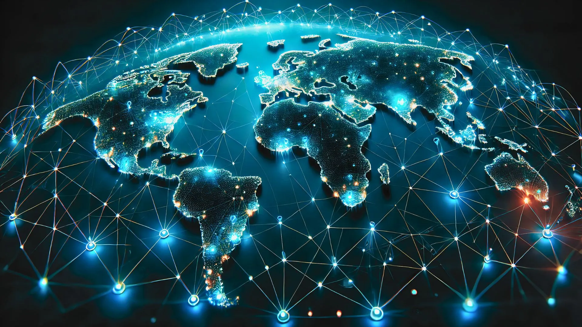 世界地図をベースに、各地域がデジタルの光点とネットワークで結ばれた未来的なビジュアル。グローバルに広がるDXとデータ連携を象徴するイメージ。
