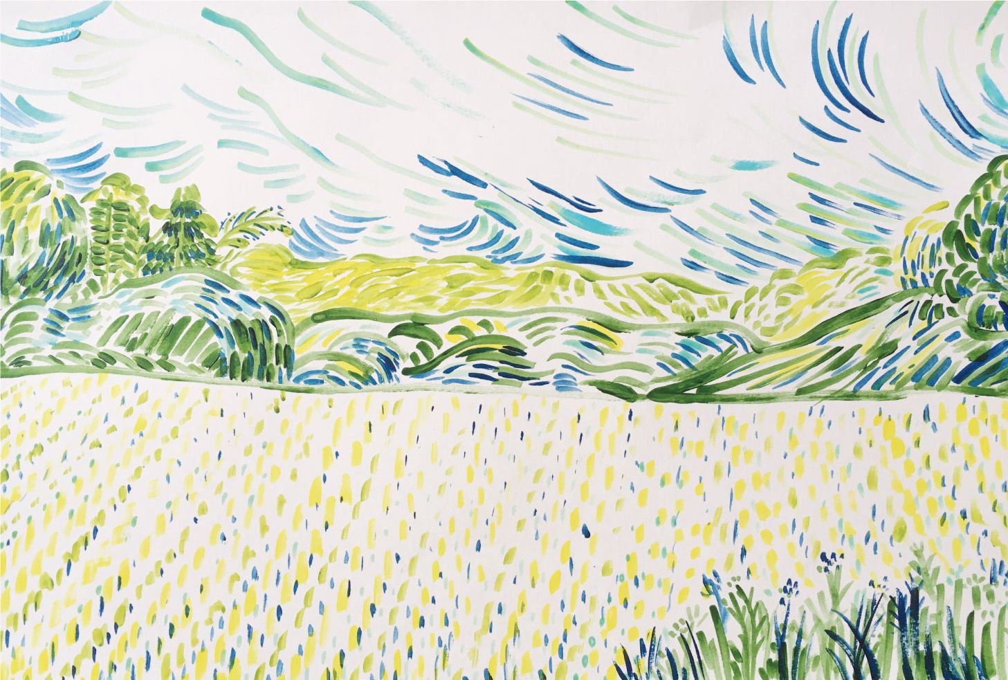 【真作】絵画　技法不明　楽園の情景　鮮やかな色彩で描かれた自然と人々　V121 960px-