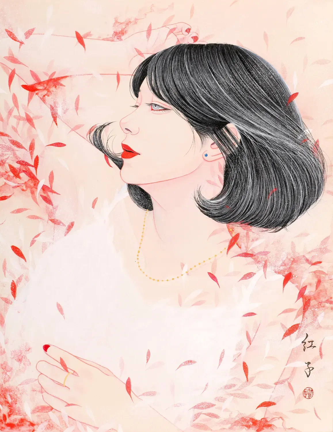 丁子紅子 販売価格以下！ 儚紅月 日本画 真作 本物 新品未使用品