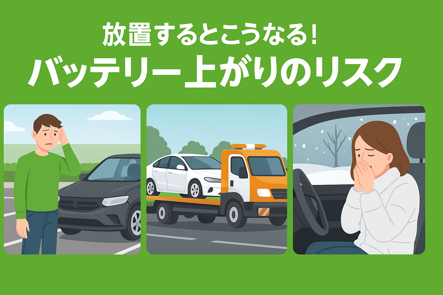 バッテリー上がりで立ち往生する車のイラスト