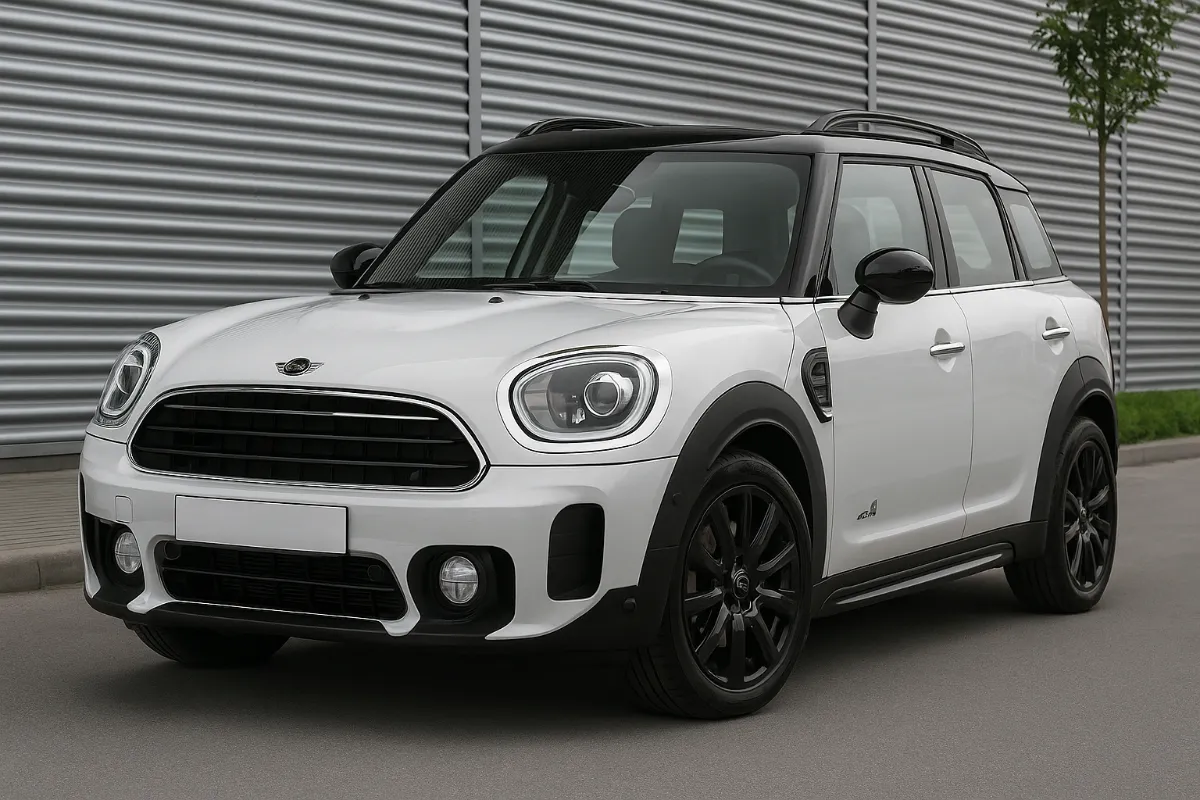 街中に停車している白いMINIクロスオーバー