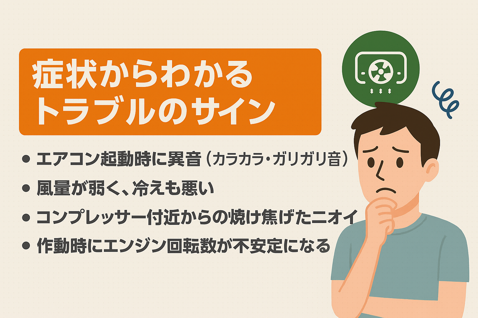 車のエアコンから異音が出ている様子のイラスト