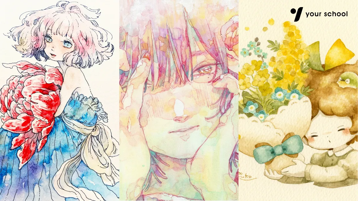 透明水彩を使って3つの水彩表現で女の子を描く