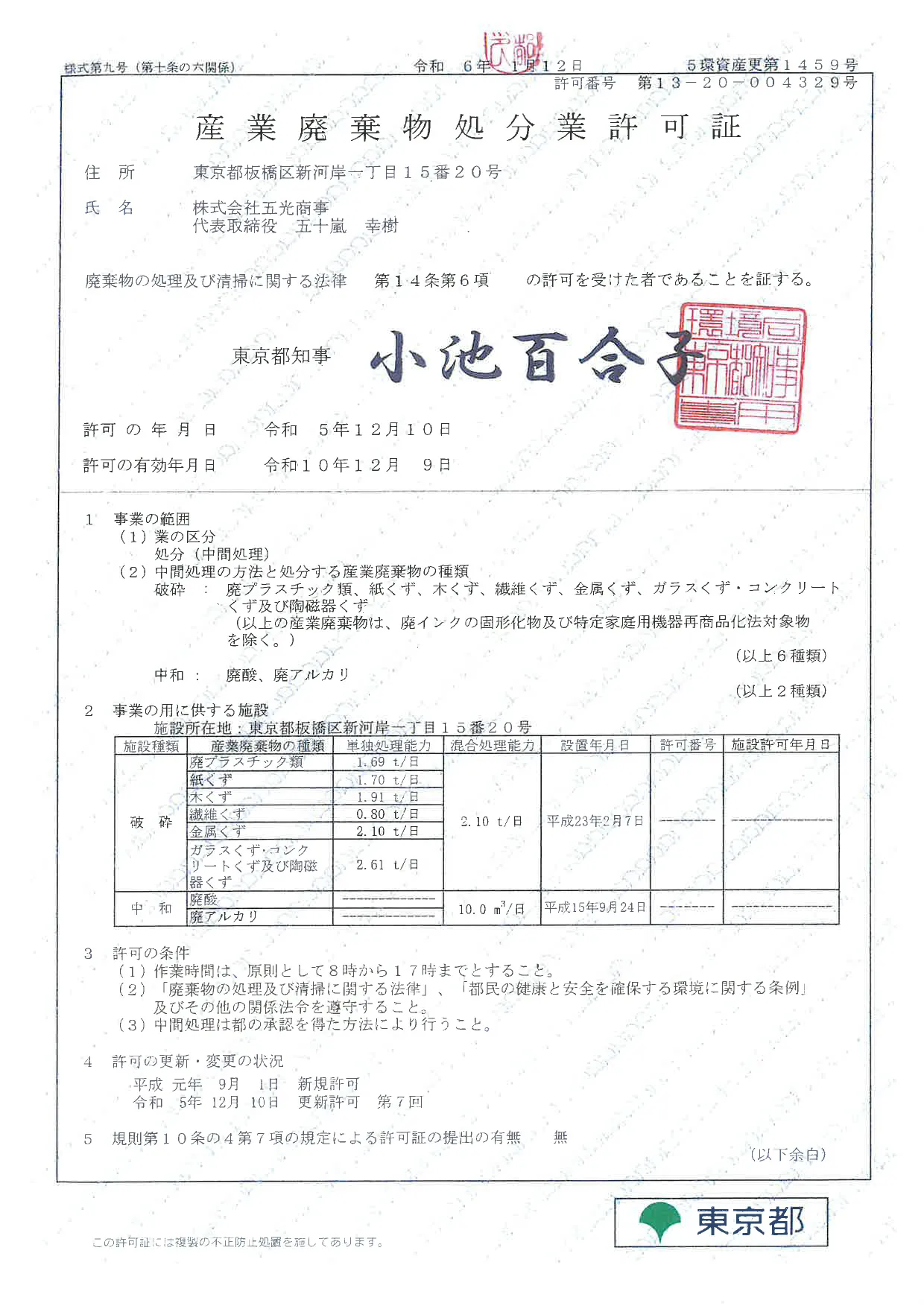 営業許可一覧｜オフィスの不用品廃棄なら五光商事