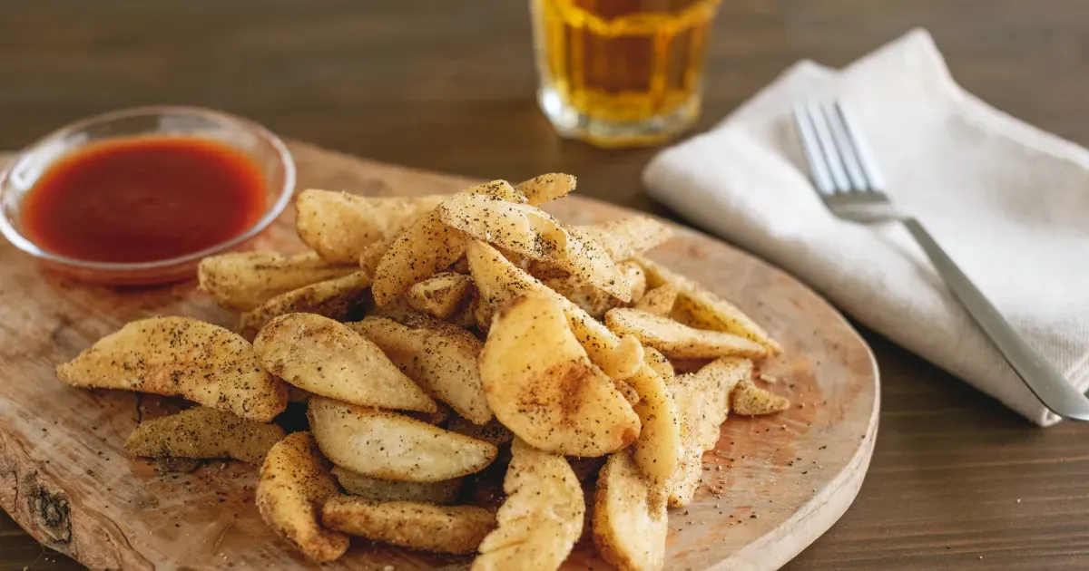 ケチャップとビールが添えられた、スナックミーのフライドポテトスナック