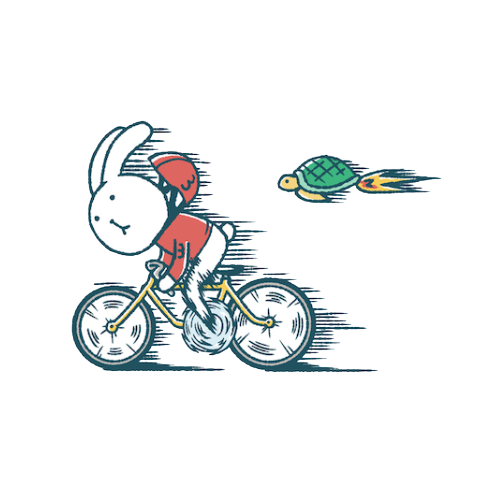 猛スピードで自転車漕ぐウサギと、それを追いかけるロケットのように飛ぶカメのイラスト