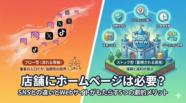 店舗ホームページの必要性とSNSとの違い、Webサイト導入の5つのメリットを解説するアイキャッチ画像