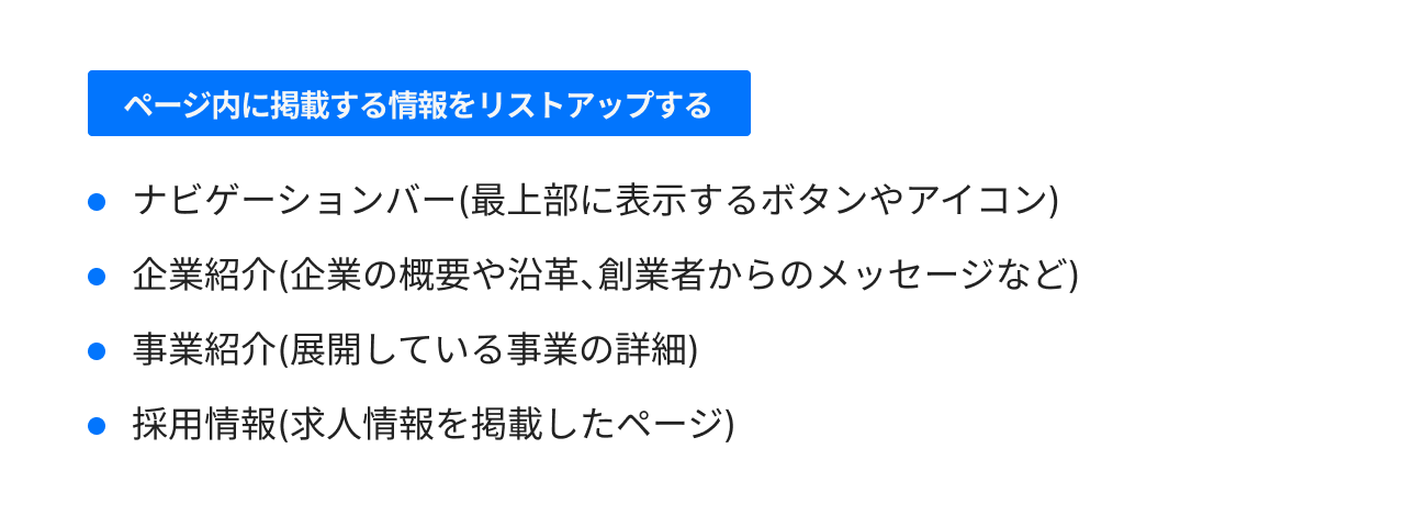 ワイヤーフレームのページ内に掲載する情報をリストアップする