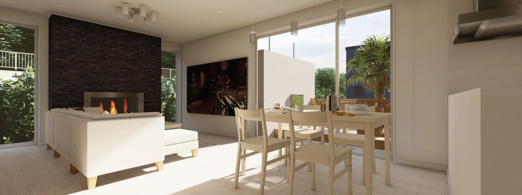 暖炉とダイニングテーブルを備えた明るいリビングルーム