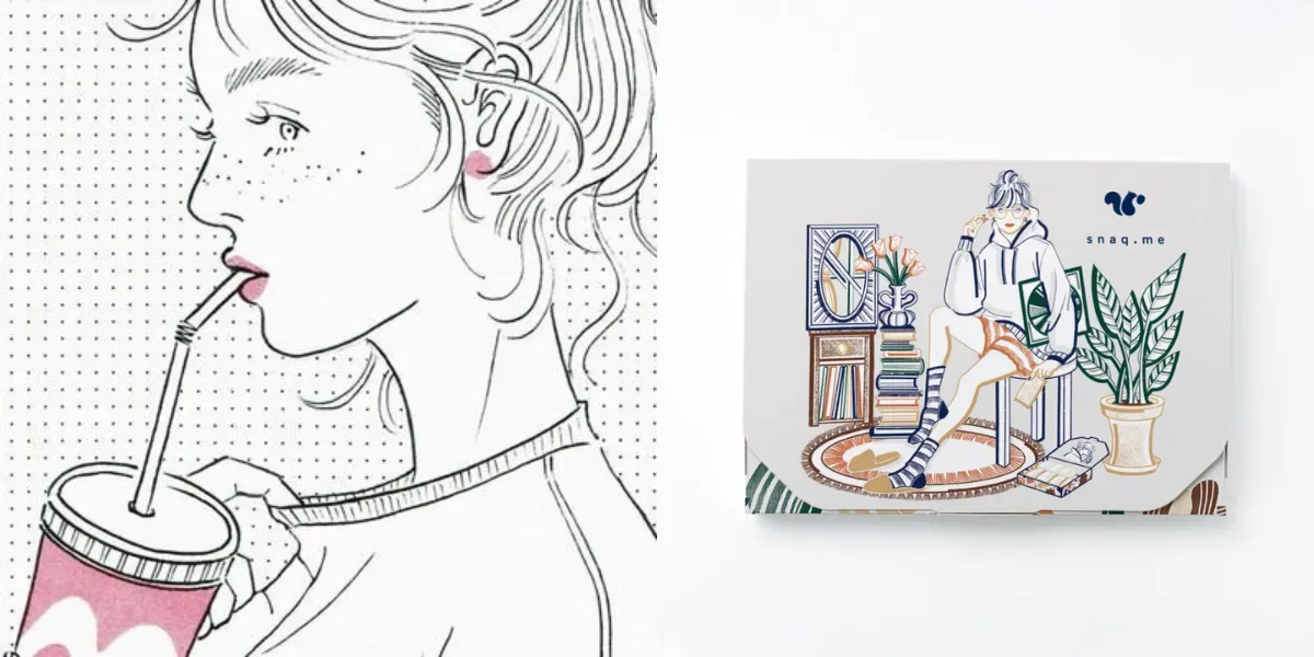 イラストレーターニシイズミユカさんのアイコンと、デザインされたスナックミーのパッケージ