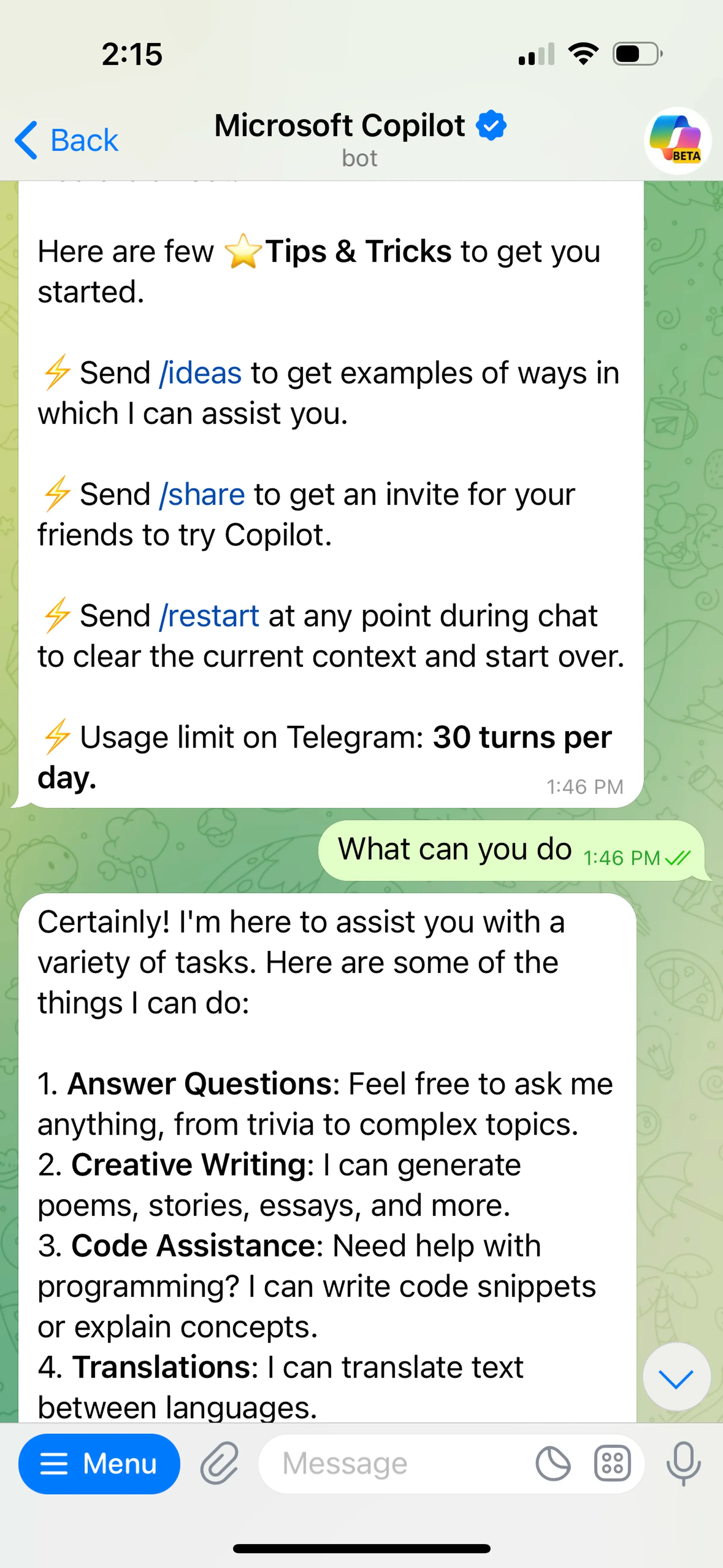 テレグラム（Telegram）に「Copilot」ボット登場