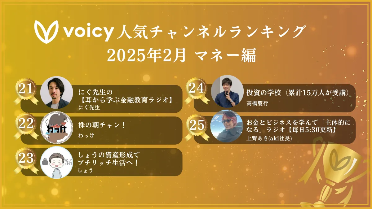 マネー編 2025年2月｜Voicy人気チャンネルランキングTOP30