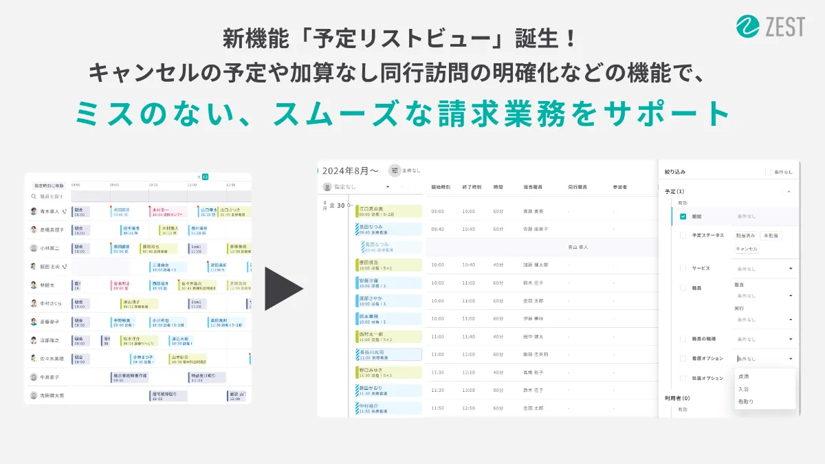 新機能「予定リストビュー」誕生！ キャンセルの予定や加算なし同行